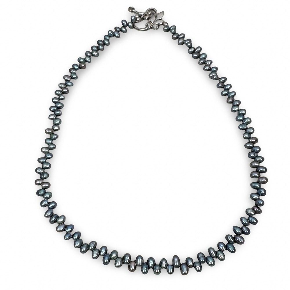 Gray Freshwater Cultured Pearl Necklace Sterling Silver‎ Floral Toggle Clasp 17"
